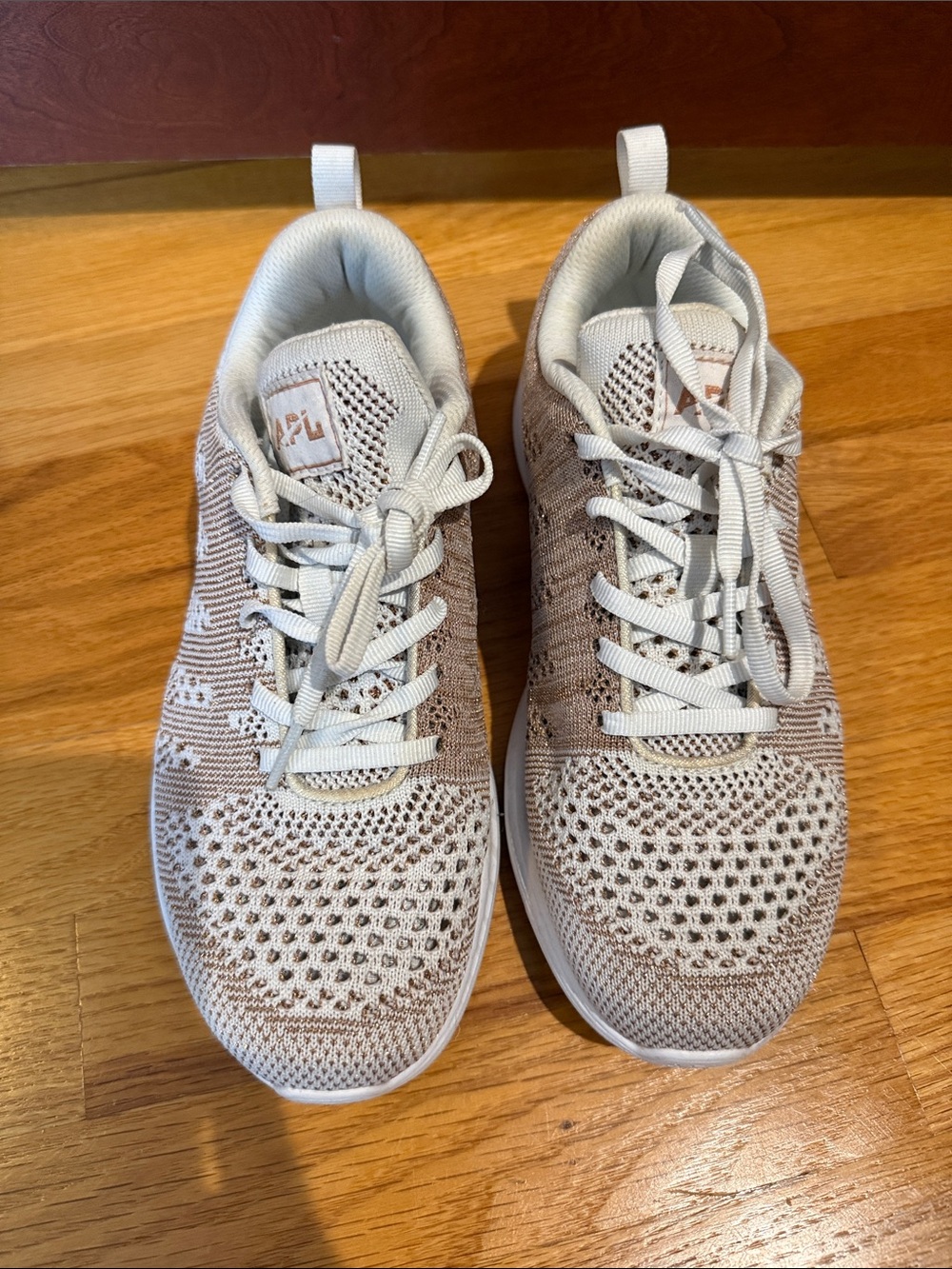 APL Women’s TechLoom Knit Sneakers in Light Beige, White, with a touch of gol